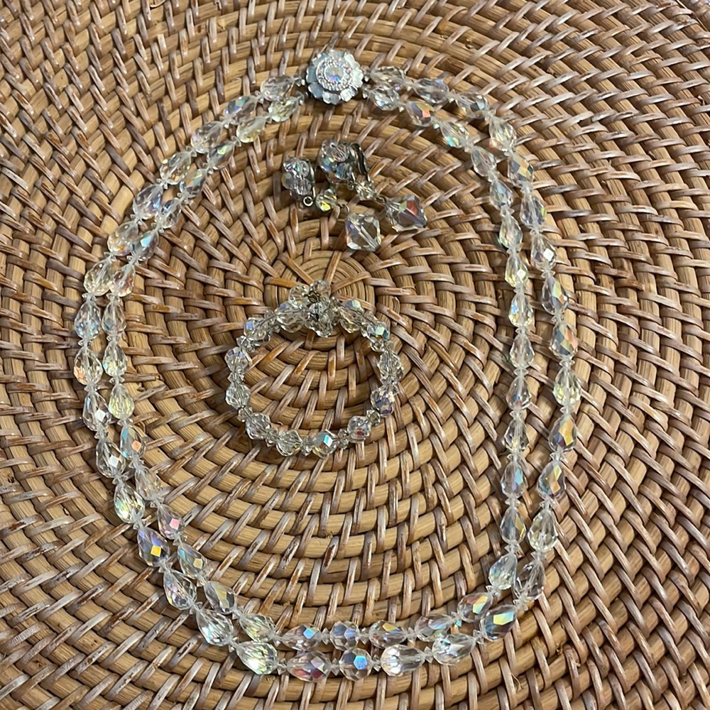 Faux crystal necklace, bracelet, clip earrings